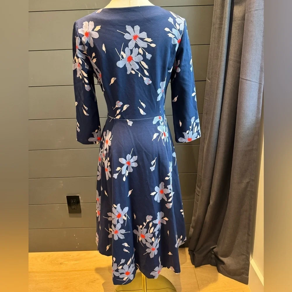 Boden Irene Navy Blue Floral Long Sleeve Ponte Knit Stretch Dress Preppy Classic